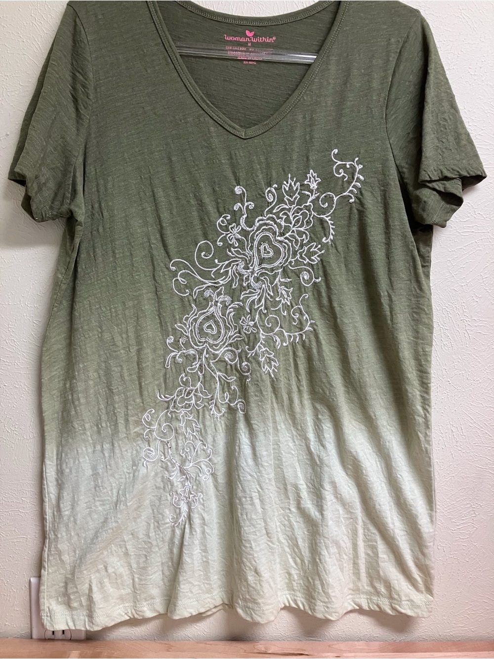 Woman Within Olive to Cream V-Neck Embroidered Ombre Tee